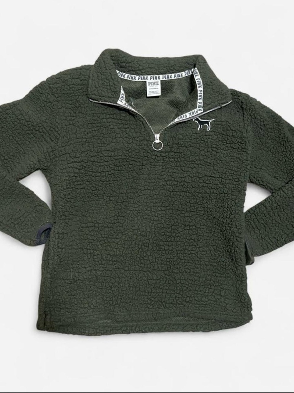 PINK Victoria's Secret Olive Green Sherpa Quarter-Zip Pullover